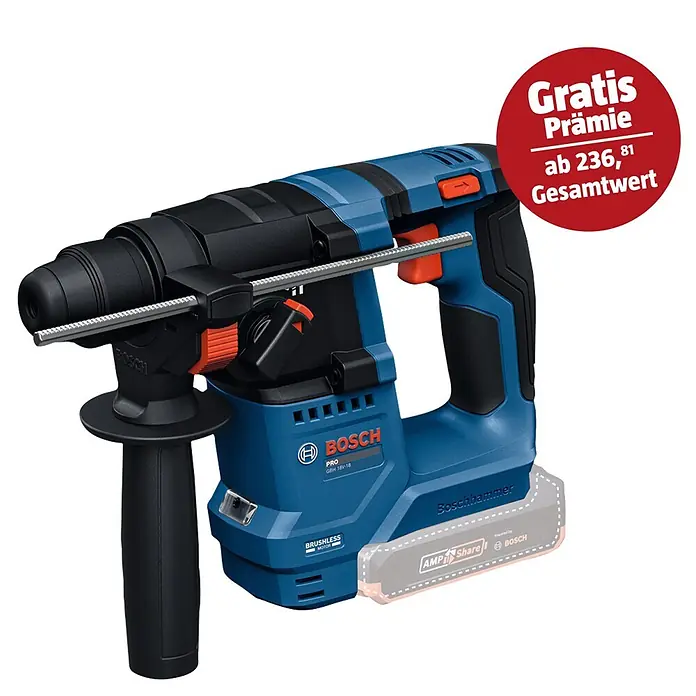 Bosch Professional AMPShare 18V Akku-Bohrhammer GBH 18V-18 - 18 V, Ohne Akku, 1,5 J - Abgebildet ist ein blauer Bosch Bohrhammer mit Akku und schwarzem Griff, ideal für professionelle Bauarbeiten. GRATIS Prämie ab 236,81 Gesamtwert.