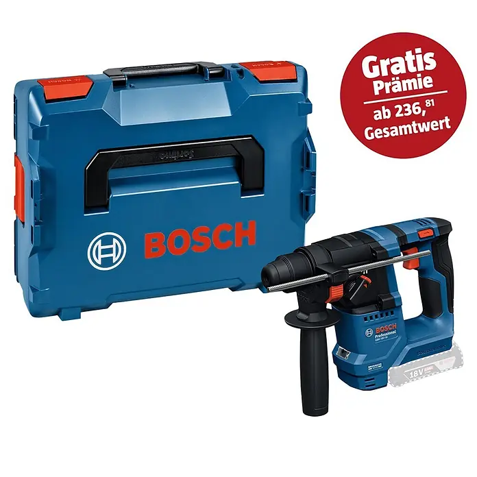 Bosch Professional AMPShare 18V Akku-Bohrhammer - 18 V, Ohne Akku, 1,5 J - Abbildung einer Bosch Professional Bohrhammer mit Zubehör im blauen Bosch Koffer und einem "Gratis" Aufkleber.