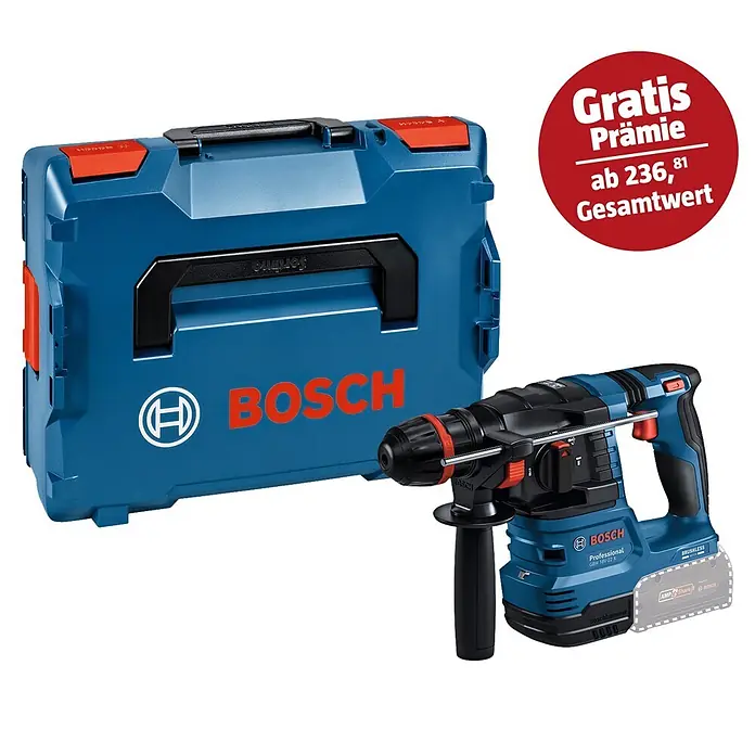 Bosch Professional AMPShare 18V Akku-Bohrhammer GBH 18V-22 X - 18 V, Ohne Akku, 2 J - Abbildung eines Bosch Bohrhammers mit Zubehörkoffer und einem Aktionsangebot "Gratis Prämie ab 236,81 Gesamtwert".