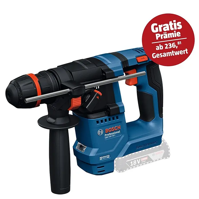 Bosch Professional AMPShare 18V Akku-Bohrhammer GBH 18V-18X - 18 V, Ohne Akku, 1,5 J - Abbildung eines blauen Bosch GBH 18V-18 X Akku-Bohrhammers mit GRATIS-Aktion, ideal für professionelle Anwendungen.