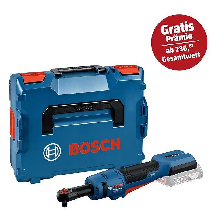 Bosch Professional AMPShare 18V Akku-Ratschenschrauber - 18 V, Ohne Akku, ⅜″ Vierkant - Das Bild zeigt einen blauen Bosch GDS 18V-1000 Professional Akku-Drehschlagschrauber mit passendem Werkzeugkoffer und Gratis-Aktion.