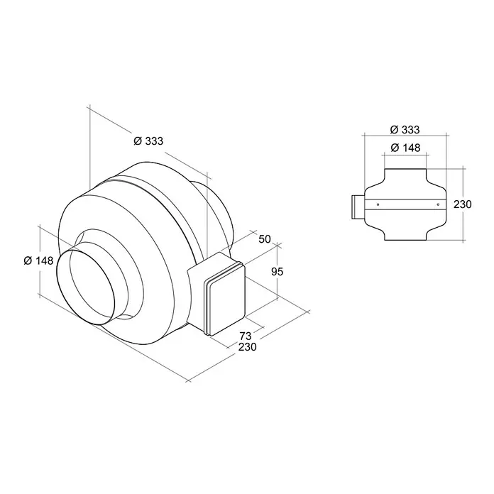 Air-Circle Rohrradialventilator - Silber, 15 cm, Luftleistung: 530 m³/h - Abbildung eines Inline-Rohrventilators mit detaillierten Maßangaben zu Durchmesser, Länge und Gehäuseabmessungen.