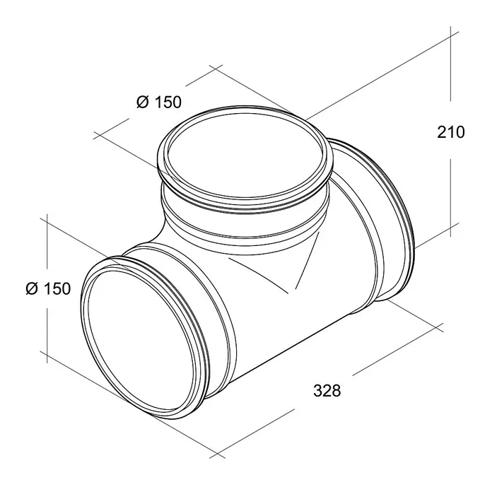 Air-Circle Wickelfalzrohr-Abzweig - Durchmesser: 150 mm, Stahl - Abbildung eines T-Stück-Rohrverbinders mit den Durchmessern 150 mm, einer Höhe von 210 mm und einer Länge von 328 mm.