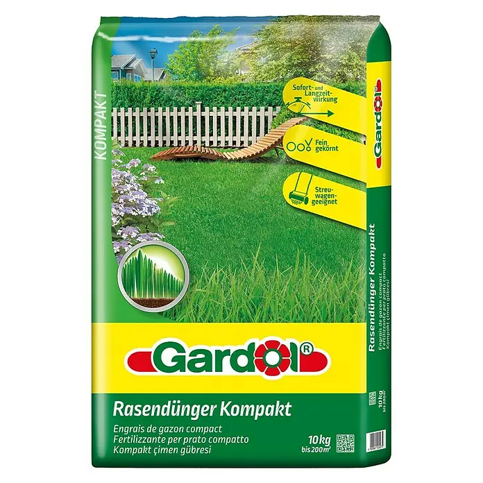 Gardol Rasendünger Kompakt - 10 kg, Max. Anwendungsfläche: 200 m² - Bild eines Rasendünger Kompakt-Sacks von Gardol, ideal für einen dichten, grünen Rasen. Einfach mit dem Streuwagen anzuwenden.