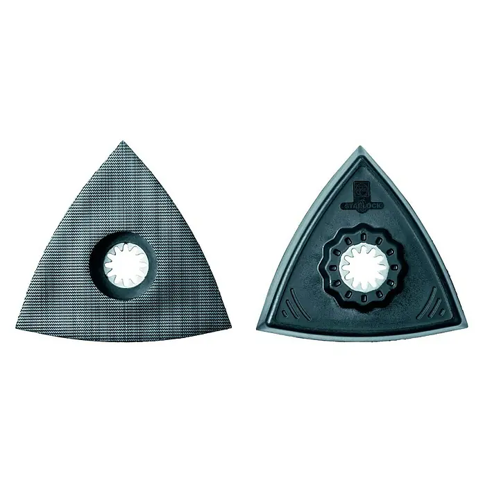 Fein Starlock Schleifplatte - Ungelocht, 2 Stk. - Das Bild zeigt zwei dreieckige Schleifplatten mit dem StarLock-System, ideal für oszillierende Werkzeuge.