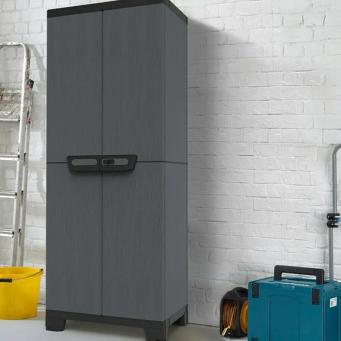 Terry Kunststoff-Mehrzweckschrank CAB 2680 ARDESIA - H x B x T: 172 x 39 x 68 cm, Schwarz - Ein grauer Kunststoff-Gartenschrank mit zwei Türen und schwarzen Akzenten, ideal für die Aufbewahrung im Freien.
