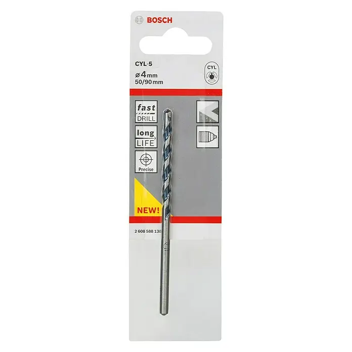 Bosch Beton- & Steinbohrer CYL-5 - Durchmesser Bohrer: 4 mm, 1 Stk., Arbeitslänge: 50 mm - Bosch CYL-5 4mm Bohrer mit 50/90mm Länge, ideal für schnelles und präzises Bohren mit langer Lebensdauer. Neu im Sortiment!