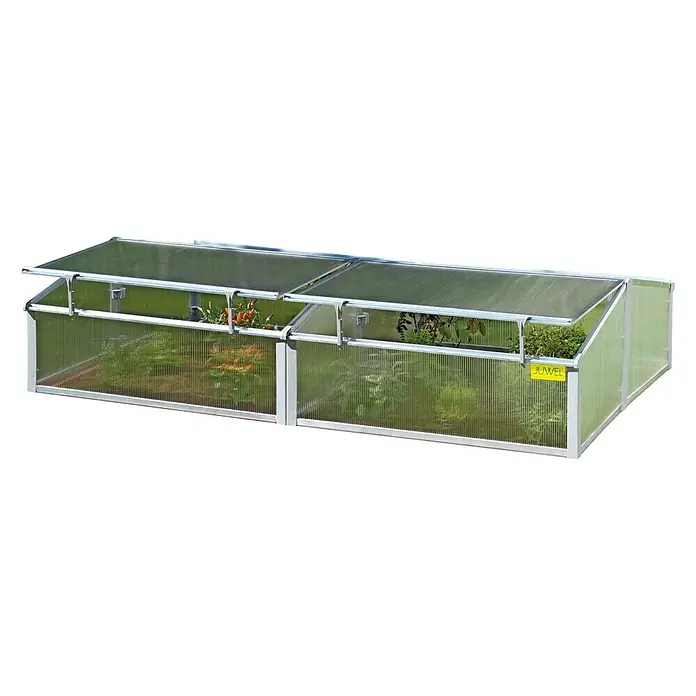Juwel Easy Fix Frühbeet Thermohaus - 100 x 200 x 40 cm - Das Bild zeigt ein JUWEL Frühbeet mit geöffneten Deckeln, in dem verschiedene Pflanzen wachsen.