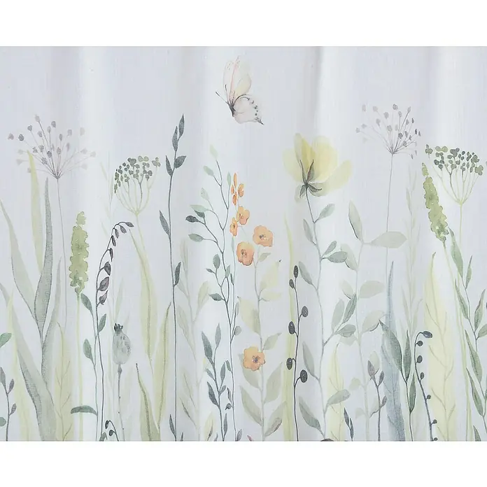 Elbersdrucke Bistrogardine Summer - B x H: 140 x 45 cm, 100 % Polyester, Weiß - Ein Vorhang mit einem zarten Aquarellmuster aus Wildblumen und einem Schmetterling, der eine frische und natürliche Atmosphäre schafft.