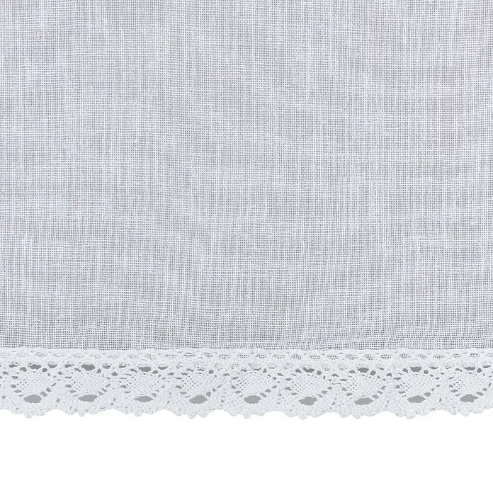 Elbersdrucke Bistrogardine Edna - B x H: 140 x 45 cm, 100 % Polyester, Weiß - Detailaufnahme einer weißen Gardine mit filigraner Spitzenbordüre, die für einen luftigen und eleganten Look sorgt.