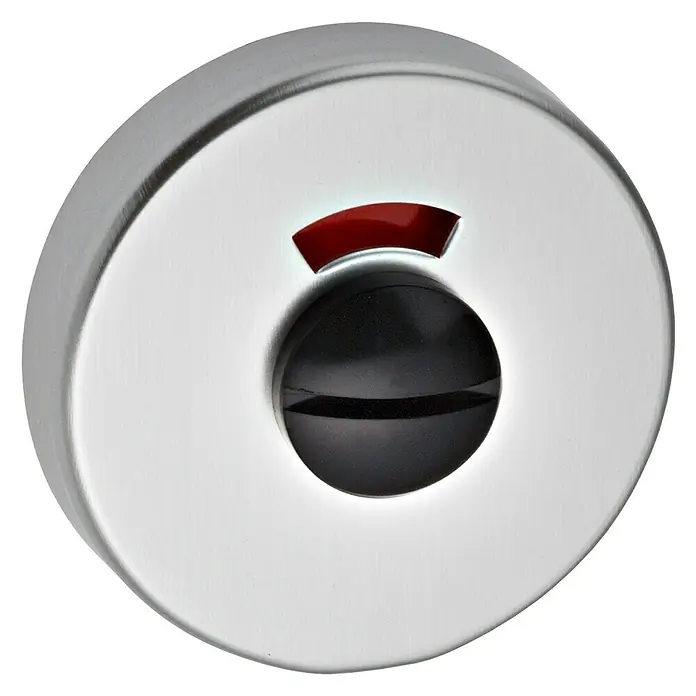 Portaferm Schlüsselschild WC F4 - Durchmesser Rosette: 55 mm, Neusilber - Ein Türschloss-Anzeiger aus Metall mit einer roten Markierung, die anzeigt, dass die Toilette besetzt ist.