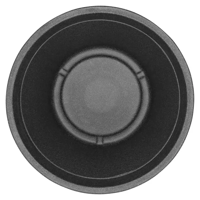 Geli Maceta para planta Napoli - Dimensiones externas (Ø x Al): 60 x 48 cm, Plástico, Antracita, Óptica de estructura - Primer plano de un altavoz negro y redondo con círculos concéntricos y textura granulada.