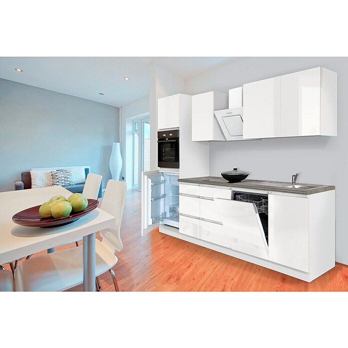 Respekta Premium Composición de cocina (Ancho: 280 cm, Con dispositivos eléctricos, Blanco de alto brillo)