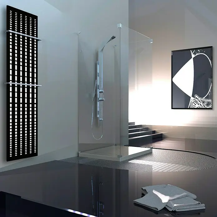Szagato Designheizkörper Broken Mirror 3 - B x H: 470 x 1.800 mm, Wärmeleistung bei Vorlauftemperatur von 75 °C (D: 50): 1.118 W, Weiß/Schwarz, Mit 2 Handtuchhalter (15 mm) - Stilvolles Badezimmer mit modernem Handtuchwärmer. Das Design ist elegant und funktional, perfekt für ein luxuriöses Badeerlebnis.