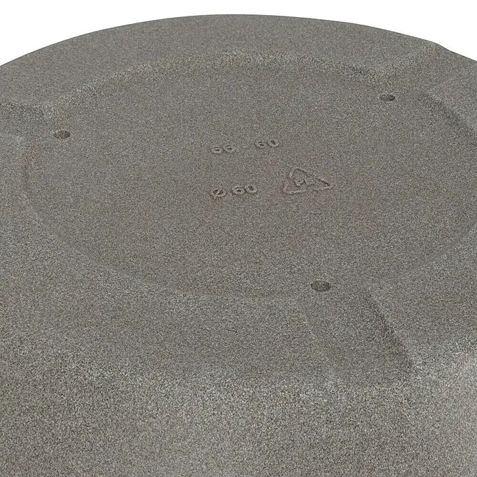 Geli Maceta para planta Rimini - Diámetro exterior máx.: 60 cm, Altura: 45,5 cm, Plástico, Taupe - Primer plano de una maceta de plástico gris con marcas de identificación reciclables y números de modelo.