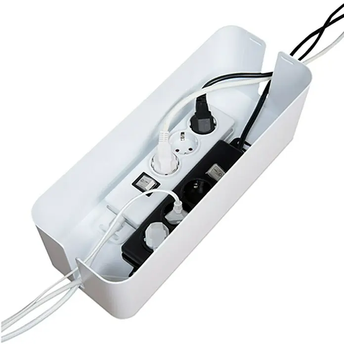 Voltomat Organizador de cables - Blanco - Caja de gestión de cables con regletas y cables, ideal para el enrutamiento y la organización de cables para mantener su espacio de trabajo ordenado.