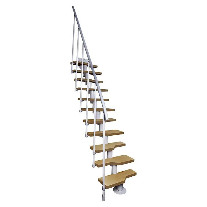 Atrium Raumspartreppe Mini - Farbton Metall: RAL 9003, Breite: 60 cm, Buche, Geschosshöhe: 222 cm - 300 cm - Eine stilvolle Spindeltreppe mit Holzstufen und einem schlanken, grauen Geländer für ein modernes Ambiente in jedem Raum.