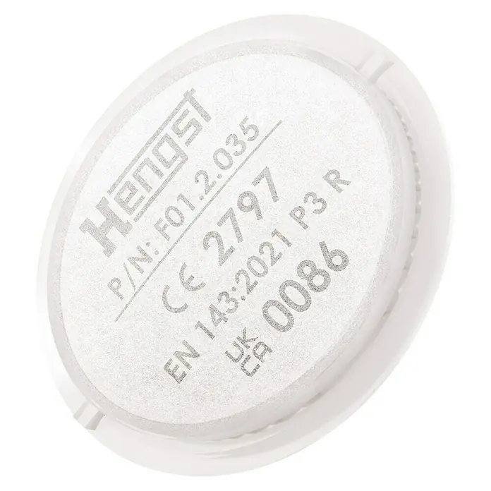 Hengst Ersatzfilter - 2 Stk., Passend für: Stealth Halbmaske P3 - Nahaufnahme eines Hengst Filters F01.2.035, zertifiziert nach EN 143:2021 P3 R, mit der Kennnummer 0086.