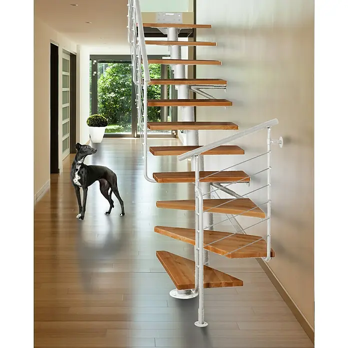 Atrium Mittelholmtreppe Dixi Plus - Farbton Metall: RAL 9003, Breite: 70 cm, Buche, 1/4-gewendelt, Geschosshöhe: 222 cm - 300 cm - Elegante Wendeltreppe aus Holz und Stahl in modernem Design, die eine stilvolle Verbindung zwischen den Etagen schafft.