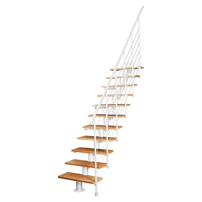 Atrium Mittelholmtreppe Dixi - Farbton Metall: RAL 9003, Breite: 70 cm, Buche, Gerade, Geschosshöhe: 222 cm - 300 cm - Elegante Treppe mit Holzstufen und weißem Geländer, die sich spiralförmig nach oben windet und ein modernes Designelement darstellt.