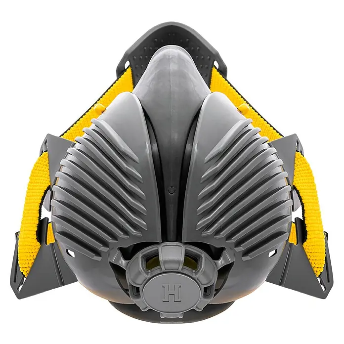 Hengst Atemschutzmaske P3 - M/L - Nahaufnahme einer grauen Atemschutzmaske mit gelben Riemen, die das innovative Design und den Schutz hervorhebt.