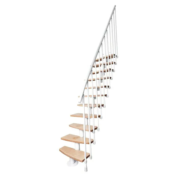 Atrium Raumspartreppe Mini Plus Vertical - Farbton Metall: RAL 9003, Breite: 60 cm, Buche, Geschosshöhe: 222 cm - 300 cm - Eine moderne Wendeltreppe mit Holzstufen und weißem Geländer vor schwarzem Hintergrund. Stilvoll und platzsparend.