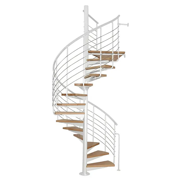 Atrium Spindeltreppe System - Farbton Metall: RAL 9003, Durchmesser: 168 cm, Buche, Geschosshöhe: 280 cm - 300 cm - Weiße Wendeltreppe mit Holzstufen und Edelstahlgeländer. Diese Treppe ist eine elegante und platzsparende Lösung für Ihr Zuhause.