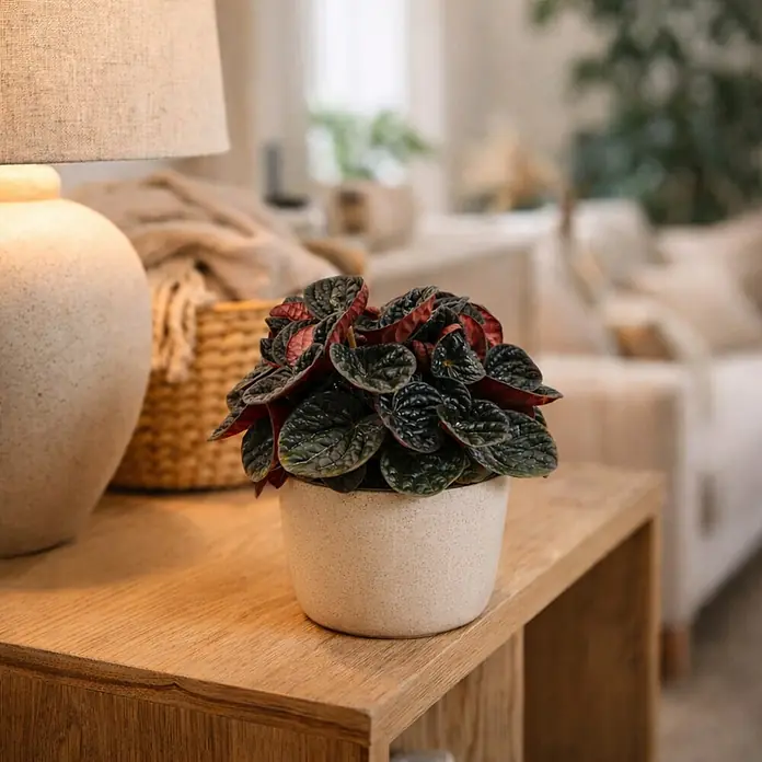 Piardino Zwergpfeffer - Peperomia caperata Chocolat, Topfgröße: 12 cm, Schwarz/Rot - Zimmerpflanze Peperomia caperata 'Rosso' im weißen Topf auf einem Holztisch neben einer Lampe, für eine angenehme Atmosphäre.