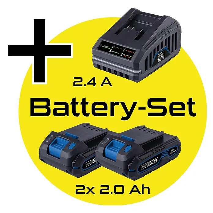 Scheppach IXES 20V Soplador/Aspirador de batería BC-BLV720-X Set S2 - 40 V, 2 baterías, 2 Ah, Potencia de soplado: 720 m³/min, Velocidad de soplado: 210 km/h - Imagen de un set de baterías Scheppach de 2.4A, con un cargador y dos baterías de 2.0Ah para herramientas.