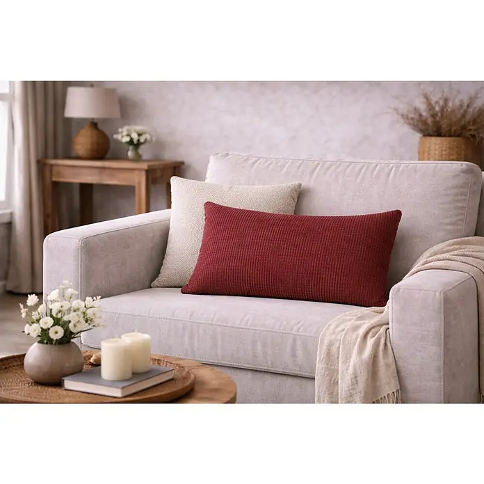 Cojín Estructura Velvet - 30 x 50 cm, Poliéster, Teja, Rectangular - Primer plano de un sofá con cojines decorativos en rojo y beige, complementado con una manta beige y una mesa con decoración en primer plano.