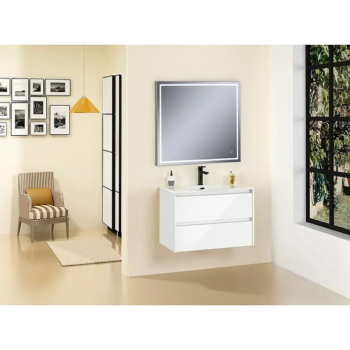 Conjunto de mueble de baño Sagano con espejo Led Lisbeth - Ancho: 80 cm, Blanco, 3 pzs. - Baño con un mueble de baño blanco flotante de dos cajones y un espejo iluminado montado encima.