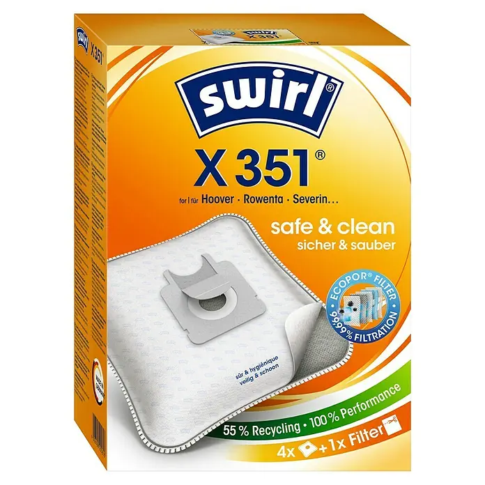 Swirl Staubsaugerbeutel X 351 - Passend für: Staubsauger von Hoover/Severin, 4 Stk. - Staubsaugerbeutel Swirl X 351 für Hoover, Rowenta, Severin mit 55% Recyclinganteil, 100% Leistung und zusätzlichem Filter.