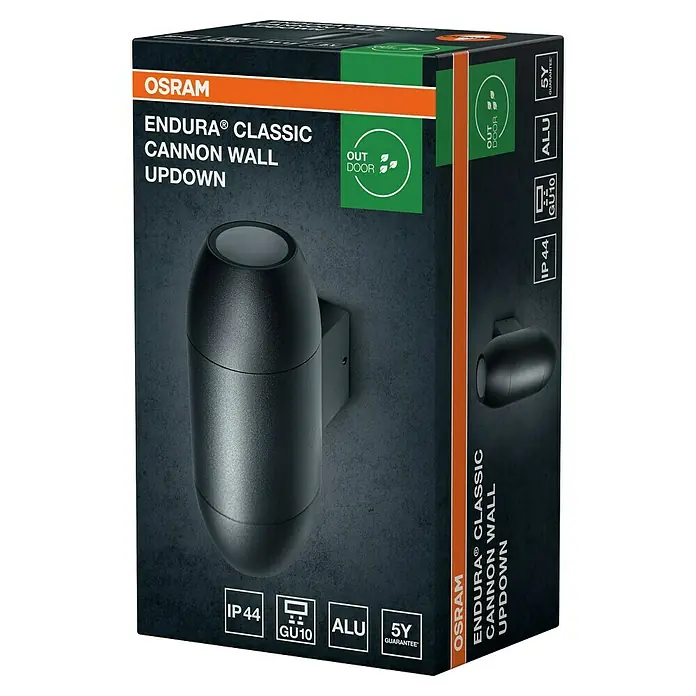Osram LED-Wandleuchte Endura - L x B x H: 10,5 x 7,5 x 18 cm, Anthrazit - Verpackung der Osram Endura Classic Cannon Wall Updown Außenleuchte. Eine stilvolle und robuste Beleuchtung für den Außenbereich mit langer Lebensdauer.