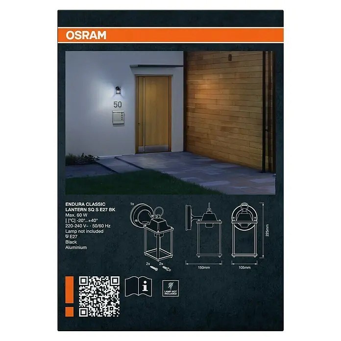 Osram LED-Wandleuchte Endura Classic Laterne - Schwarz - Abbildung einer Osram Endura Classic Laterne SQ S E27 BK, eine stilvolle Aussenleuchte aus Aluminium, ideal für die Hausfassade.