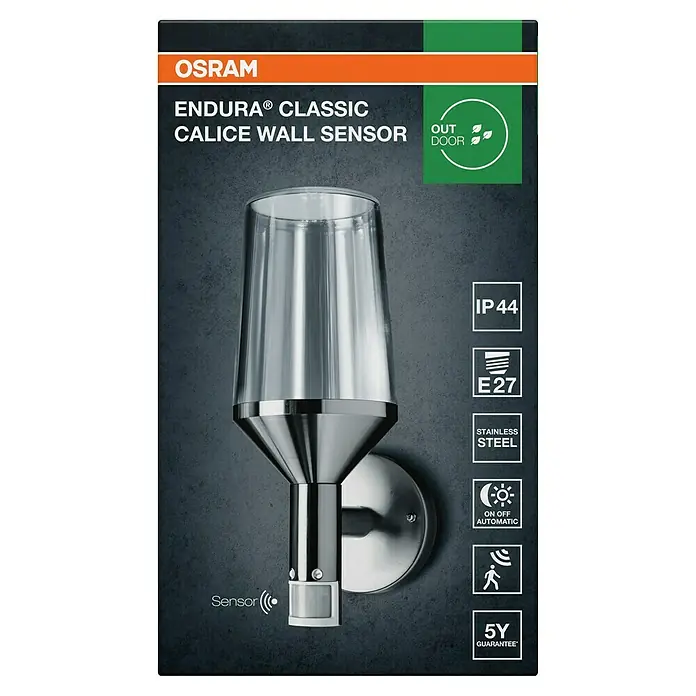 Osram Endura Classic LED-Außenwandleuchte - 161 x 12 x 305 cm, Edelstahl, IP44 - Abbildung einer OSRAM ENDURA® CLASSIC CALICE Wandleuchte mit Sensor, ideal für den Außenbereich, aus Edelstahl mit IP44 Schutz.