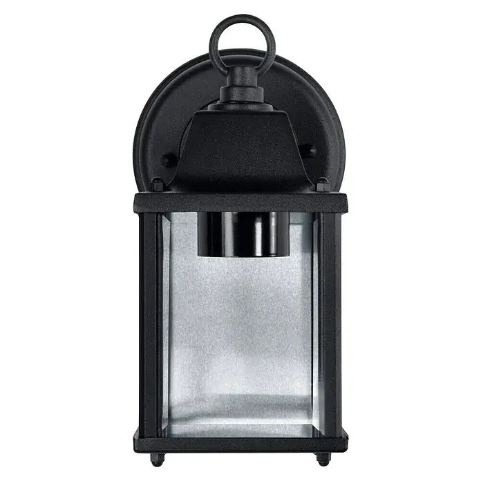 Osram LED-Wandleuchte Endura Classic Laterne - Schwarz - Nahaufnahme einer schwarzen Außenwandleuchte mit klarem Glasschirm, die ein modernes und stilvolles Design für den Außenbereich bietet.