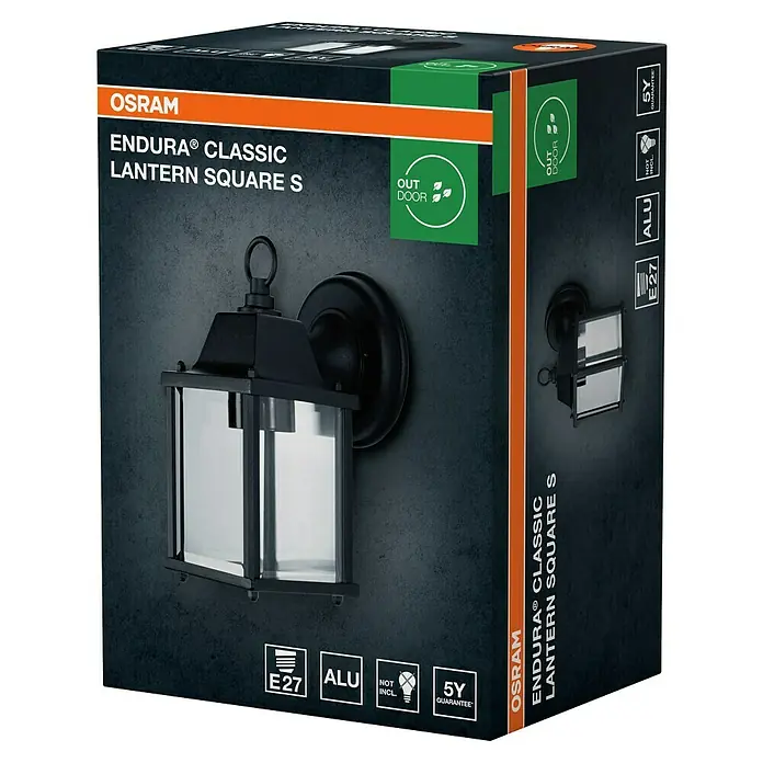 Osram LED-Wandleuchte Endura Classic Laterne - Schwarz - Produktverpackung für eine Osram Endura Classic Laterne Square S Außenleuchte in Schwarz, mit E27 Fassung und 5 Jahren Garantie.
