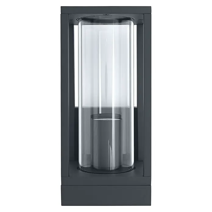 Osram Wandleuchte Endura Frame - L x B x H: 14 x 11 x 24,5 cm, Dunkelgrau, E27 - Nahaufnahme einer modernen Tischleuchte mit einem zylindrischen Glasschirm und einem schlichten, grauen Rahmen, die ein sanftes, diffuses Licht ausstrahlt.