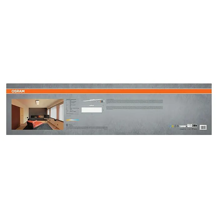 Osram LED-Panel Planon Plus - L x B x H: 119,5 x 29,5 x 5 cm, Weiß, Warmweiß - Bild einer OSRAM LED-Leuchte mit techn. Details. Die LED-Leuchte ist in einer modernen Wohnraumumgebung abgebildet.