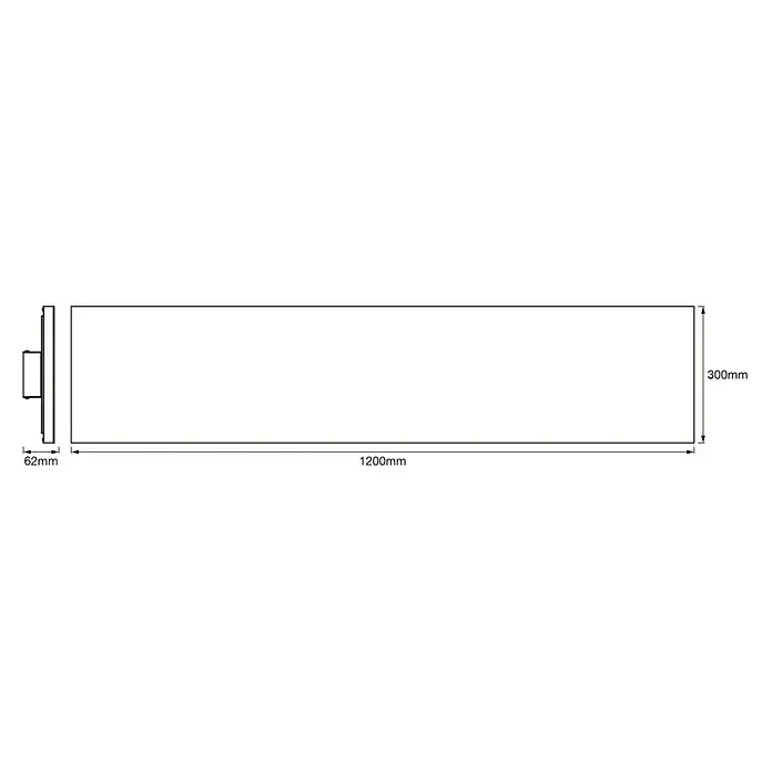 Ledvance Smart+ LED-Panel Frameless - 28 W, L x B x H: 120 x 30 x 5,6 cm, Weiß, Neutralweiß - Produktabbildung mit Abmessungen: Länge 1200 mm, Höhe 300 mm und Tiefe 62 mm. Schlankes Design für moderne Anwendungen.
