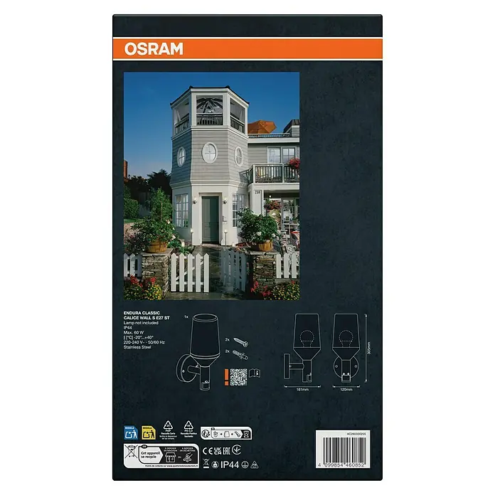 Osram Endura Classic LED-Außenwandleuchte - 161 x 12 x 305 cm, Edelstahl, IP44 - Abbildung der Osram Endura Classic Wandleuchte, Modell Calice Wall S E27 ST, aus Edelstahl, mit Montageanleitung und technischen Daten.