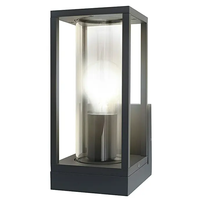 Osram Wandleuchte Endura Frame - L x B x H: 14 x 11 x 24,5 cm, Dunkelgrau, E27 - Elegante Außenleuchte mit zylindrischem Glas und minimalistischem Design. Die Lampe spendet warmes Licht für eine gemütliche Atmosphäre im Garten.