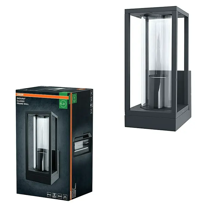 Osram Wandleuchte Endura Frame - L x B x H: 14 x 11 x 24,5 cm, Dunkelgrau, E27 - Das Bild zeigt die OSRAM ENDURA Classic Frame Wandleuchte in Schwarz, sowohl als Produktverpackung als auch im Detail.