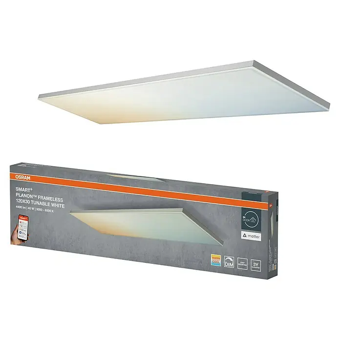 Ledvance Smart+ LED-Panel Frameless - 28 W, L x B x H: 120 x 30 x 5,6 cm, Weiß, Neutralweiß - Das Bild zeigt eine OSRAM SMART+ Planon™ Frameless 120x30 Tunable White LED-Deckenleuchte und ihre Verpackung.