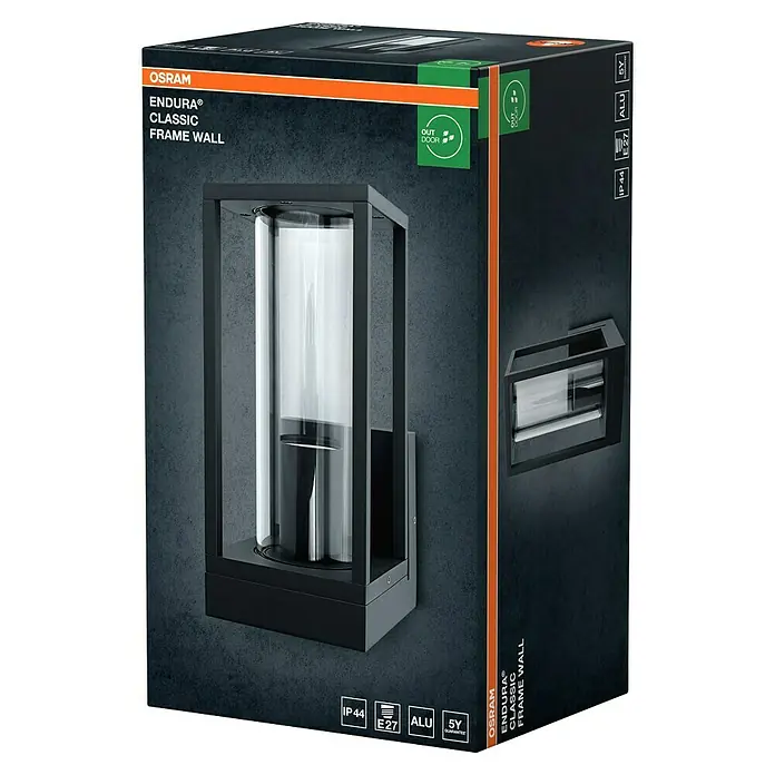 Osram Wandleuchte Endura Frame - L x B x H: 14 x 11 x 24,5 cm, Dunkelgrau, E27 - Produktverpackung für eine OSRAM Endura Classic Frame Wandleuchte. Die Lampe hat ein modernes Design mit einem zylindrischen Lampenschirm.