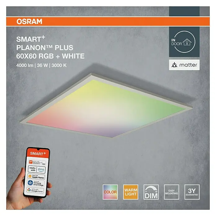 Ledvance Smart+ LED-Panel - 36 W, L x B x H: 60 x 60 x 5,6 cm, Weiß, RGBW - Produktbild: Die OSRAM SMART+ PLANON™ PLUS LED-Deckenleuchte mit Farbwechsel und smarter Steuerung für ein angenehmes Ambiente.