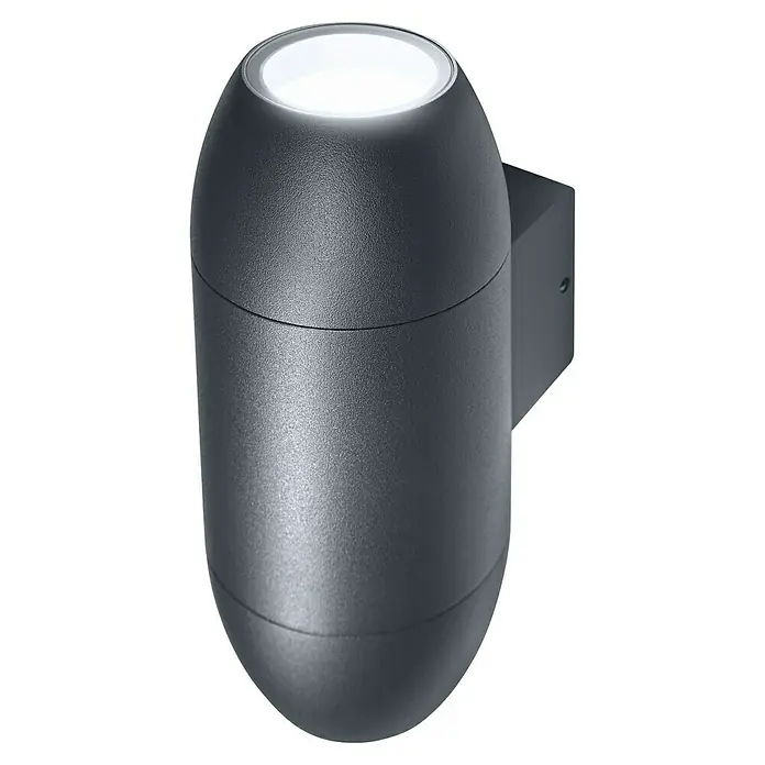 Osram LED-Wandleuchte Endura - L x B x H: 10,5 x 7,5 x 18 cm, Anthrazit - Nahaufnahme einer stilvollen grauen Wandleuchte mit hellem Licht. Ideal für moderne Außenbereiche, die Wert auf Beleuchtung legen.