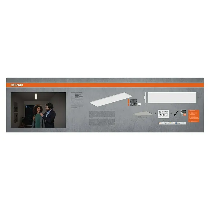 Ledvance Smart+ LED-Panel Frameless - 28 W, L x B x H: 120 x 30 x 5,6 cm, Weiß, Neutralweiß - OSRAM Smart+ Planon FrameLess Deckenleuchte Verpackung. Die Verpackung zeigt das Produkt, Anwendungsbeispiele und technische Details.