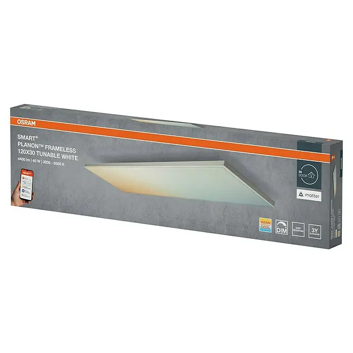 Ledvance Smart+ LED-Panel Frameless - 28 W, L x B x H: 120 x 30 x 5,6 cm, Weiß, Neutralweiß - Produktverpackung für OSRAM SMART+ Planon™ Frameless 120x30 Tunable White LED-Panel, das intelligente Beleuchtungslösungen bietet.