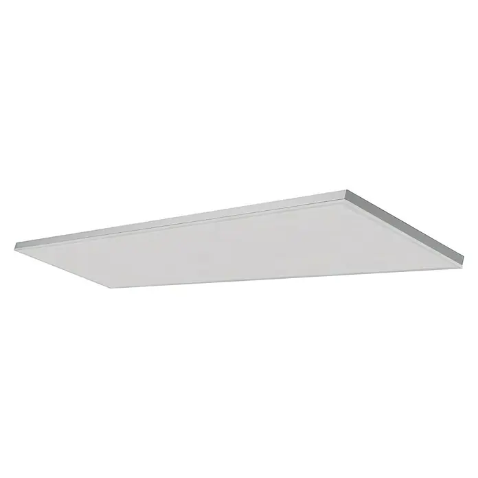 Ledvance Smart+ LED-Panel Frameless - 28 W, L x B x H: 120 x 30 x 5,6 cm, Weiß, Neutralweiß - Nahaufnahme einer modernen, flachen LED-Deckenleuchte mit silberfarbenem Rahmen vor einem dunklen Hintergrund, ideal für Büros.